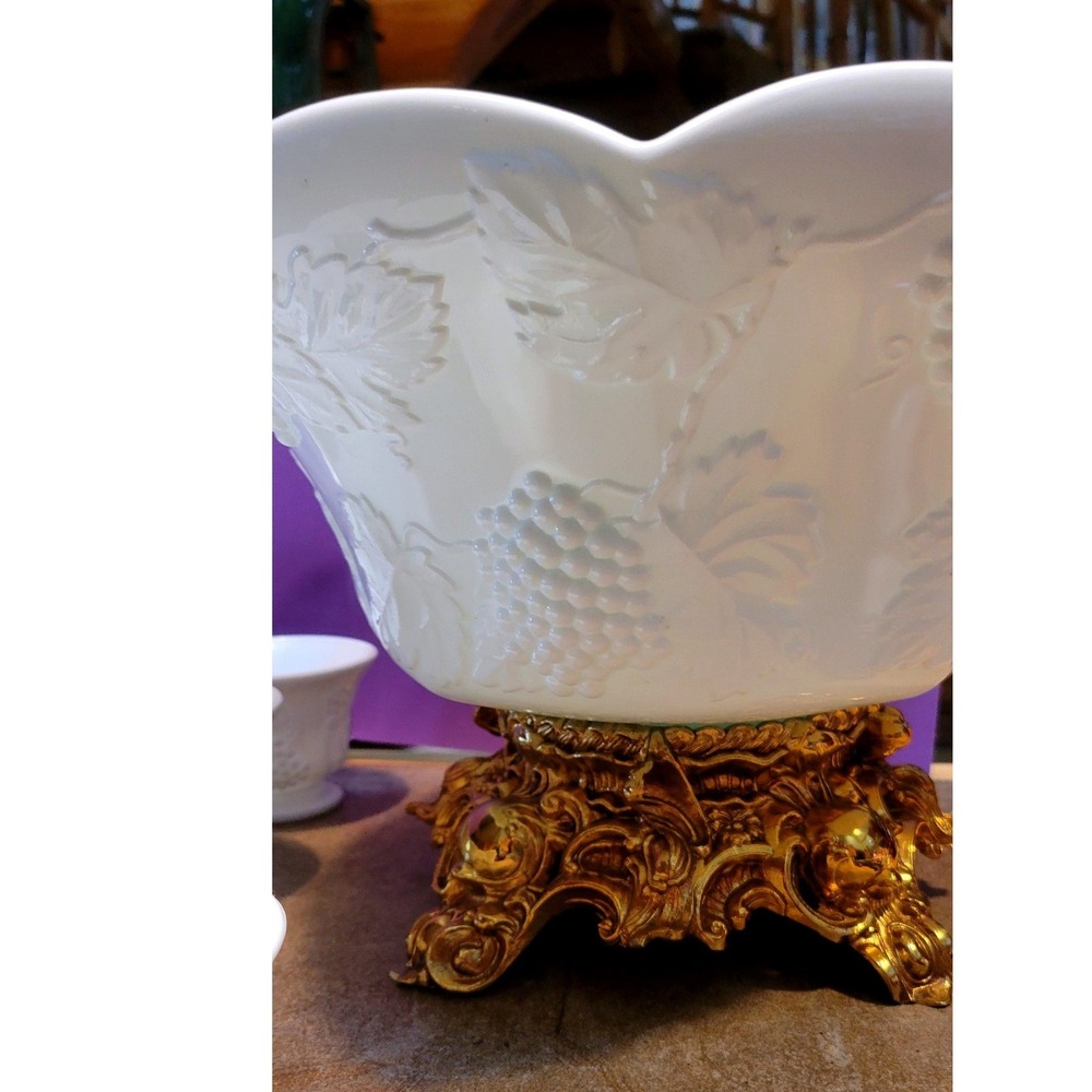Vintage Colony Harvest Milk Glass Grape Punch Bowl Scalloped Gold Base Set